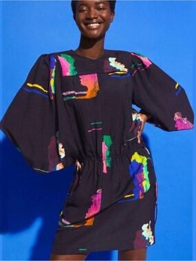 H&M Studio S/S Collection Watercolor Puff Balloon Sleeve Mini Tunic Dress XS 36